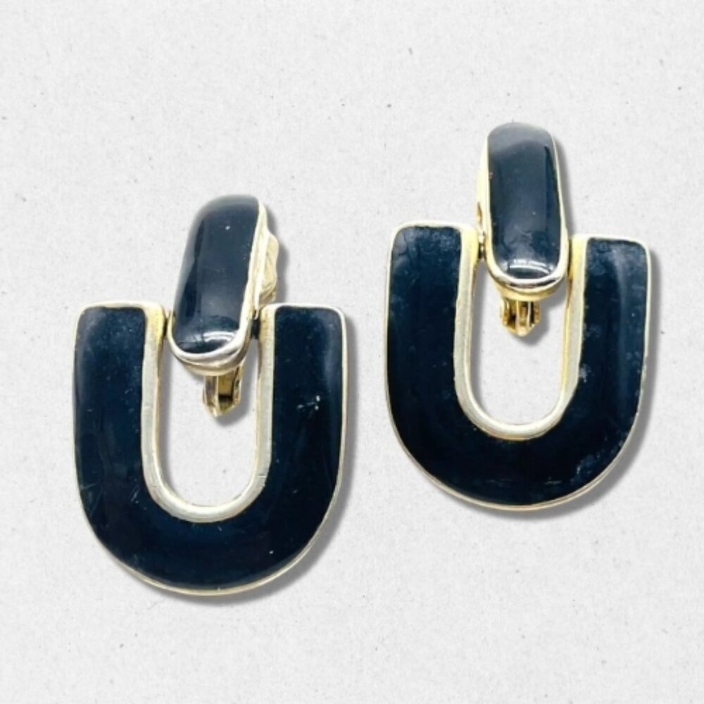 Vintage Crown Trifari Door Knocker Earrings U-Shaped Clip On Black/Silver W OS